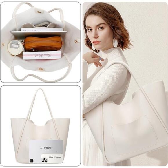 Tote Bag Vegan Leather Large Capacity Cream - Picture 5 of 7